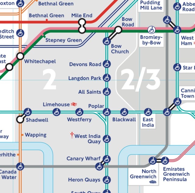 Tube Map, centred Devons Road and Langdon Park DLR stations